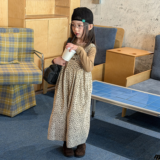 【BR021】韓版豹紋慵懶寬版燈芯絨吊帶褲(1色)