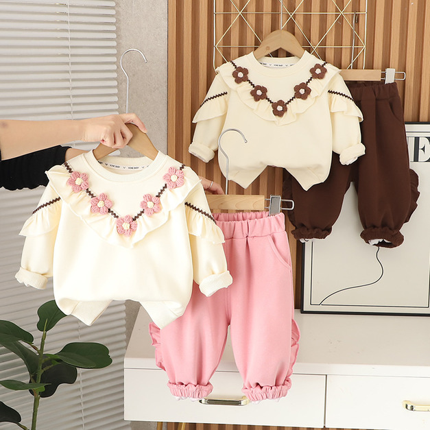 【BE247】針織五朵花長袖長褲套裝(2色)