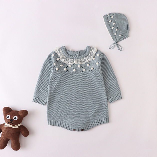 【BA924】日系針織蕾絲球球長袖包屁衣(1色)