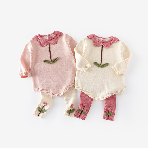 【BA923】日系我的花朵針織長袖包屁衣(2色)