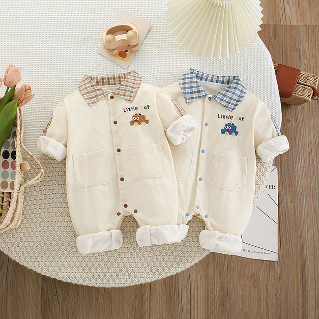 【BA954】韓系格子領車車刺繡長袖連身衣(2色)