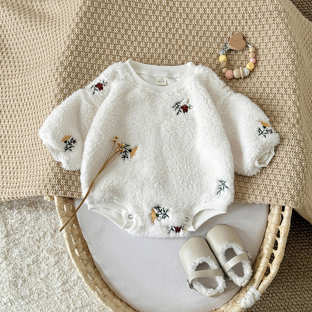 【BA963】韓版羊羔花朵刺繡長袖包屁衣(1色)