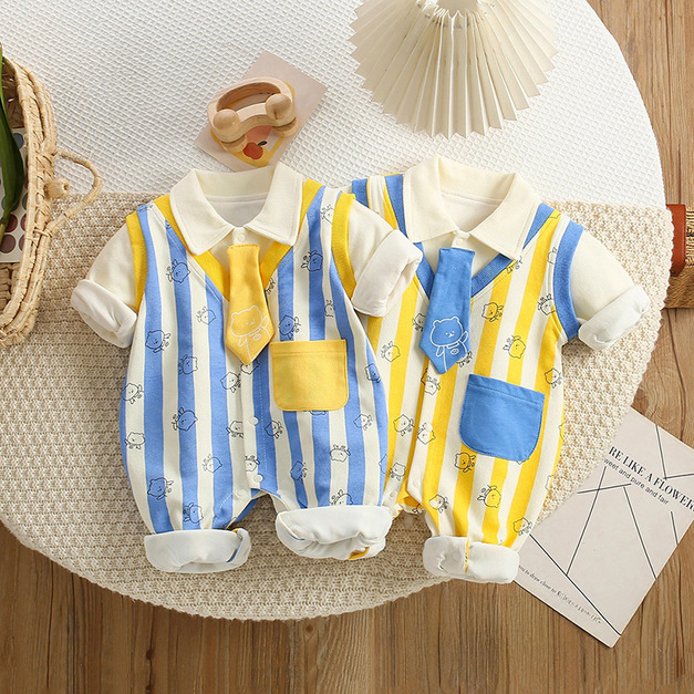 【BA953】韓系熊熊紳士假兩件長袖連身衣(2色)