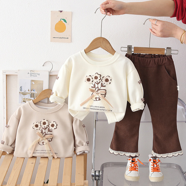 【BE253】毛線立體花長袖長褲套裝(2色)