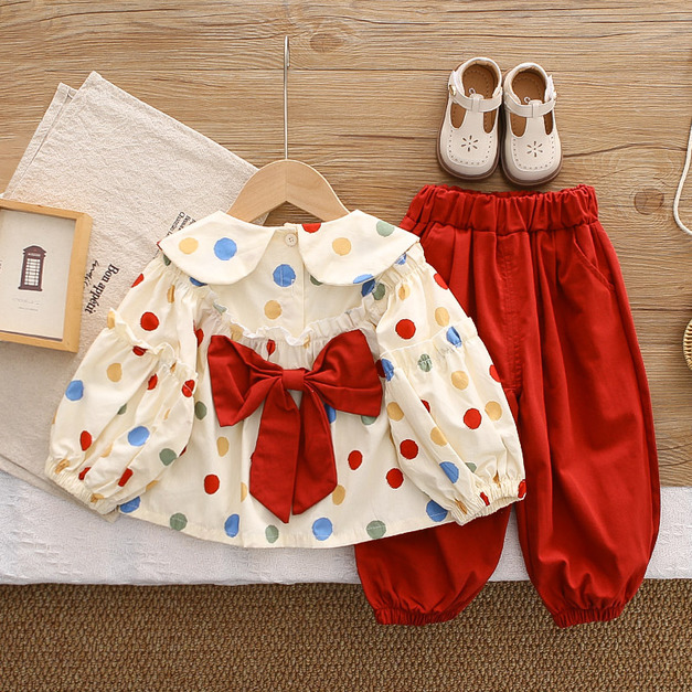 【BE259】日系繽紛點點蝴蝶結長袖長褲套裝(3色)