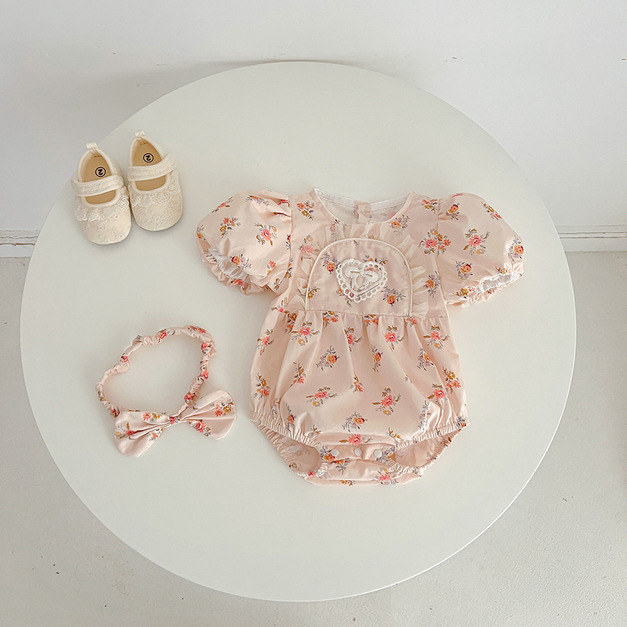 【BSA097】韓版蕾絲蝴蝶結玫瑰短袖包屁衣(送髮帶)(1色)