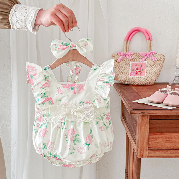 【BSA149】韓版蕾絲玫瑰花無袖包屁衣(送髮帶)(1色)