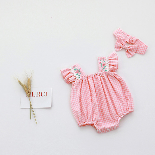 【BSA032】韓版刺繡玫瑰格紋無袖包屁衣(送髮帶)(1色)