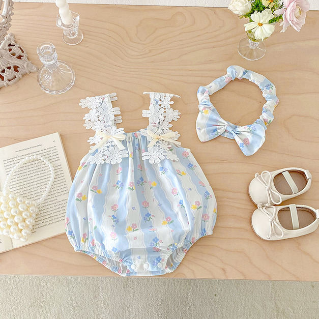 【BA1005】日雜粉藍直條雕花背心包屁衣(附髮帶)(1色)