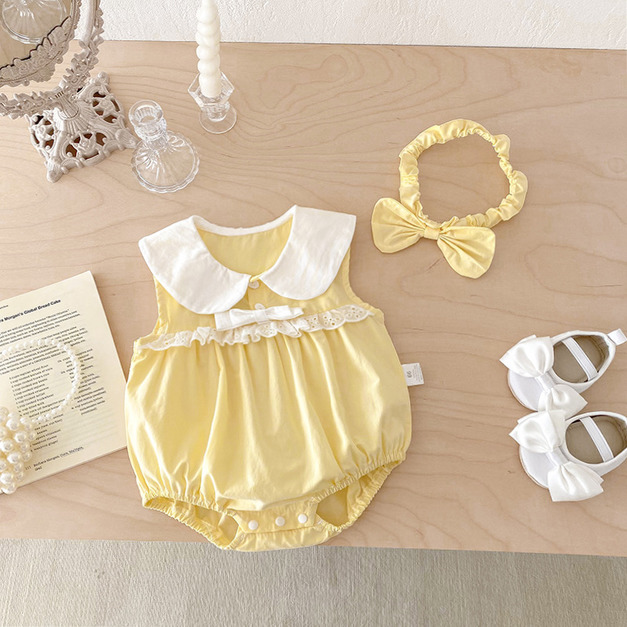 【BA1007】日系嫩黃翻領蝴蝶結無袖包屁衣(附髮帶)(1色)