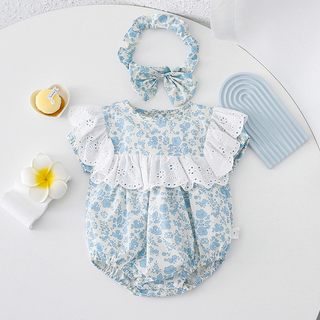 【BSA055】韓版小清新碎花蕾絲領短袖包屁衣(送髮帶)(1色)