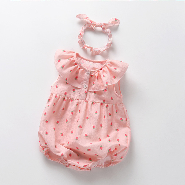 【BA1011】日系小草莓荷花領無袖包屁衣(附髮帶)(1色)
