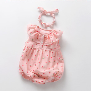 【BA1011】日系小草莓荷花領無袖包屁衣(附髮帶)(1色)