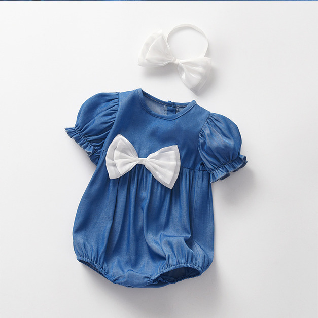 【BA1012】日系單寧蝴蝶結泡泡袖包屁衣(附髮帶)(1色)