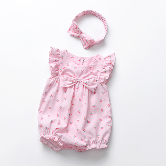 【BA1009】日系粉色小櫻桃飛袖包屁衣(附髮帶)(1色)