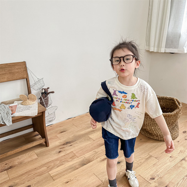 【BU291】韓版個性彩色塗鴉短袖上衣(2色)