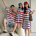 【F187】日系字母紅藍條紋全家福親子短袖上衣洋裝(1色)