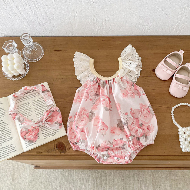 【BSA167】韓版水彩玫瑰無袖包屁衣(送髮帶)(1色)