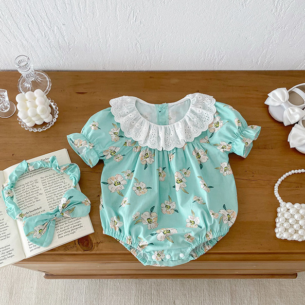 【BS163】韓版蕾絲圓領小花短袖包屁衣(送髮帶)(1色)