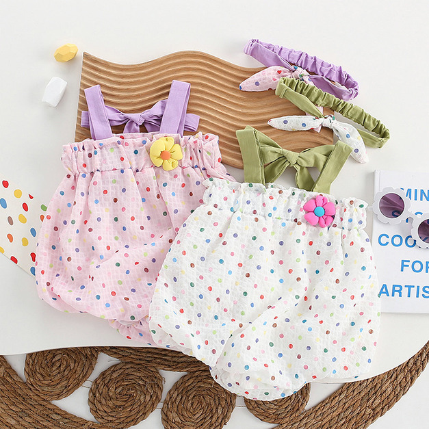 【BA1016】韓版立體花朵點點背心包屁衣(附髮帶)(2色)