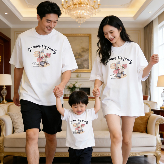 【F067】日系玫瑰花兔子全家福親子短袖上衣(1色)