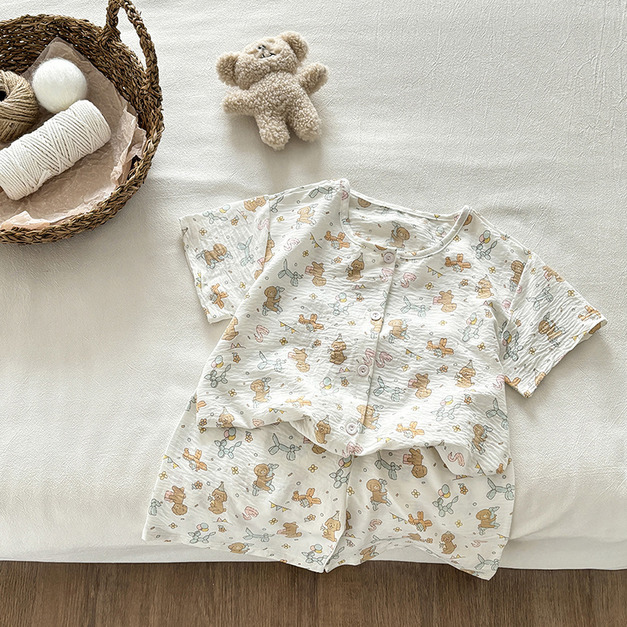 【HB052】夏日慶生小熊薄款開扣成套睡衣(短袖/長褲)(1色)