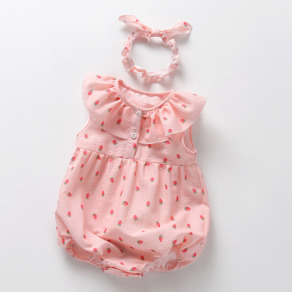 【BA1011】日系小草莓荷花領無袖包屁衣(附髮帶)(1色)