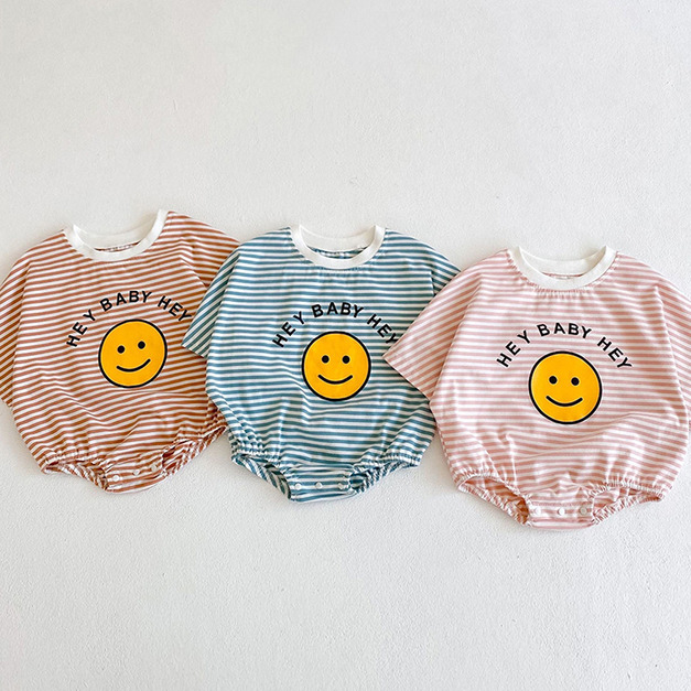【BA1017】韓版笑臉條紋寬鬆短袖包屁衣(3色)