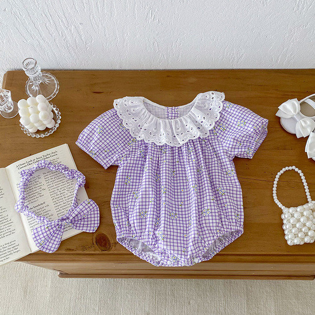 【BSA164】韓版蕾絲圓領紫羅蘭格紋短袖包屁衣(送髮帶)(1色)