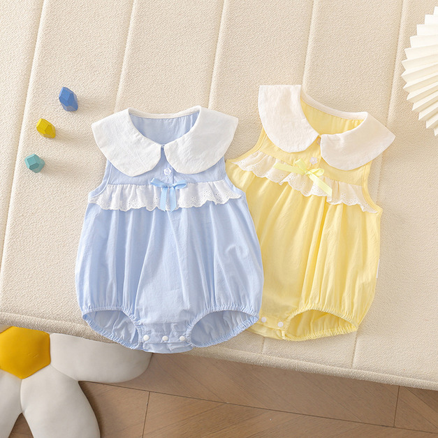 【BA1023】夏日小清新圓領蕾絲無袖包屁衣(2色)