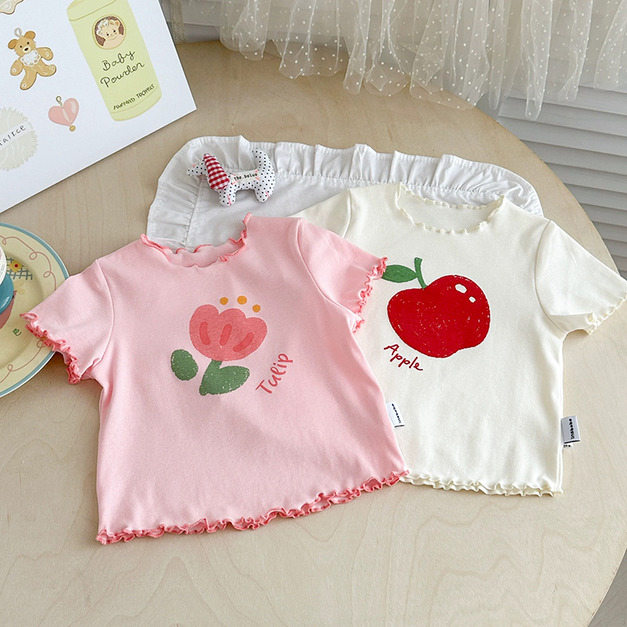 【BU311】日系木耳邊小花蘋果短袖上衣(2色)