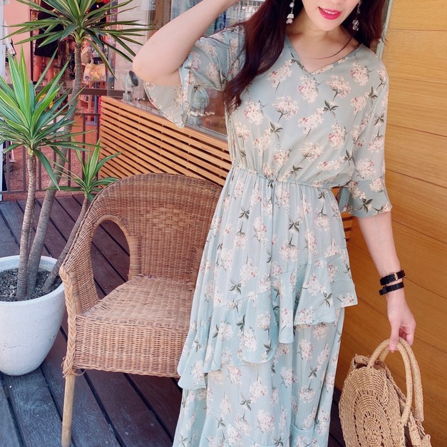Long Floral V Neck Dress