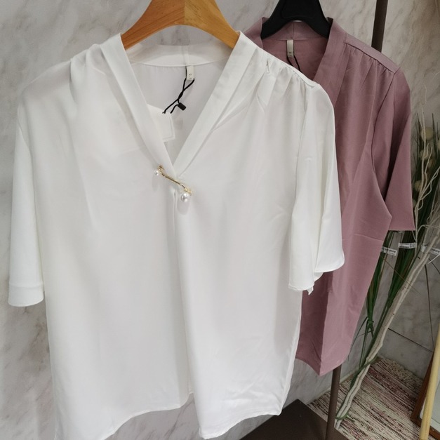 Satin Blouse with Pearl Brooch