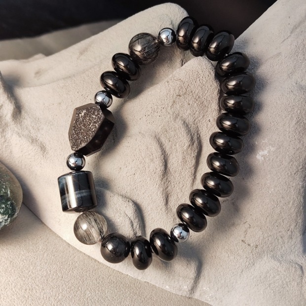 男款 五行水-黑種草│ 避邪 健康 黑瑪瑙原礦 巴西黑髮晶  藍虎眼石 鈦赫茲