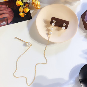 韓國鋯石雪花珍珠不對稱個性一體式髮夾連耳釘