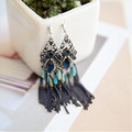 波西米亞風藍色水晶流蘇長款耳環