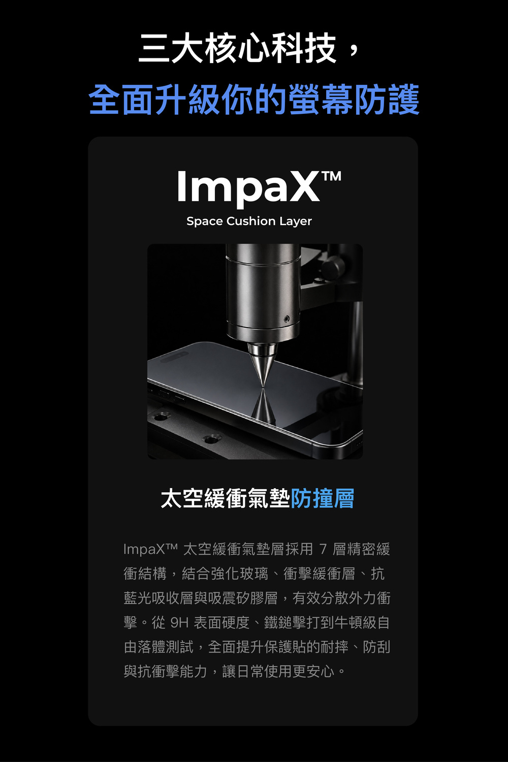三大核心科技,全面升級你的螢幕防護Impax™Space Cushion Layer太空緩衝氣墊防撞層ImpaXTM 太空緩衝氣墊層採用7層精密緩衝結構,結合強化玻璃、衝擊緩衝層、抗藍光吸收層與吸震矽膠層,有效分散外力衝擊。從 9H 表面硬度、鐵鎚擊打到牛頓級自由落體測試,全面提升保護貼的耐摔、防刮與抗衝擊能力,讓日常使用更安心。
