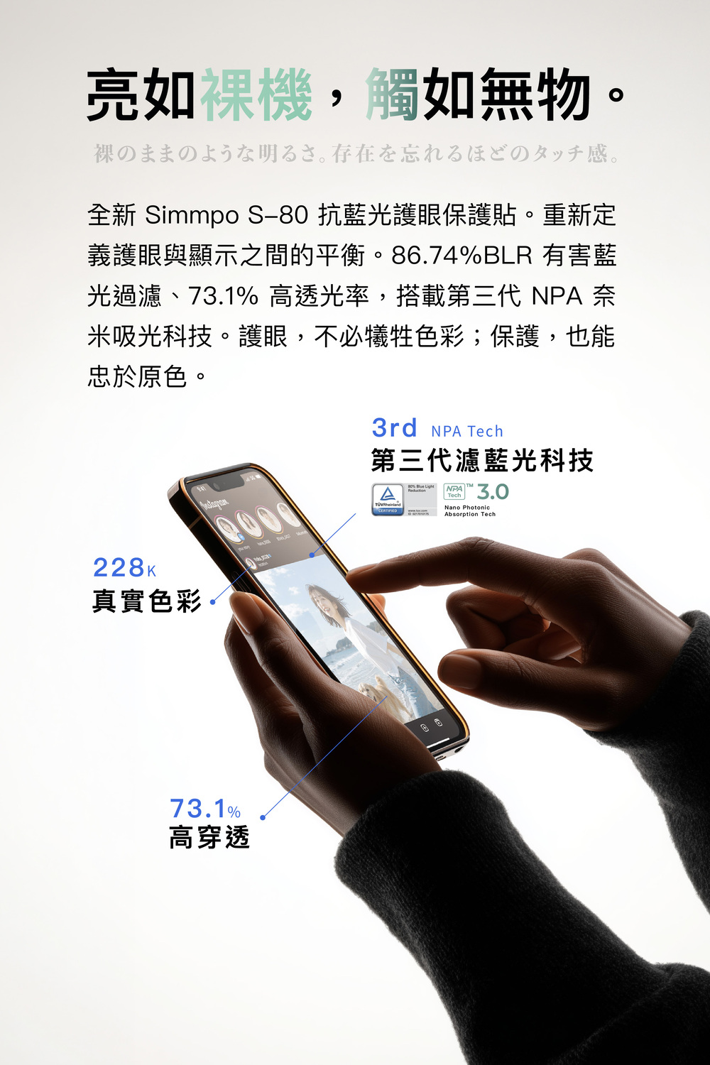 亮如機,觸如無物裸のままのような明るさ 存在を忘れるほどのタッチ感。全新 immpo S80抗藍光護眼保護貼。重新定義護眼與顯示之間的平衡。86.74BLR 有害藍光過濾、73.1% 高透光率,搭載第三代 NPA 奈米吸光科技。護眼,不必犧牲色彩;保護,也能忠於原色。3rd NPA Tech第三代濾藍光科技%   3.0TechNano PhotonicAbsorption Tech228K真實色彩。73.1%高穿透