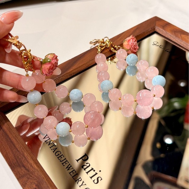 雲漾花語｜粉水晶 &times; 海藍寶 包包掛飾／手機鏈