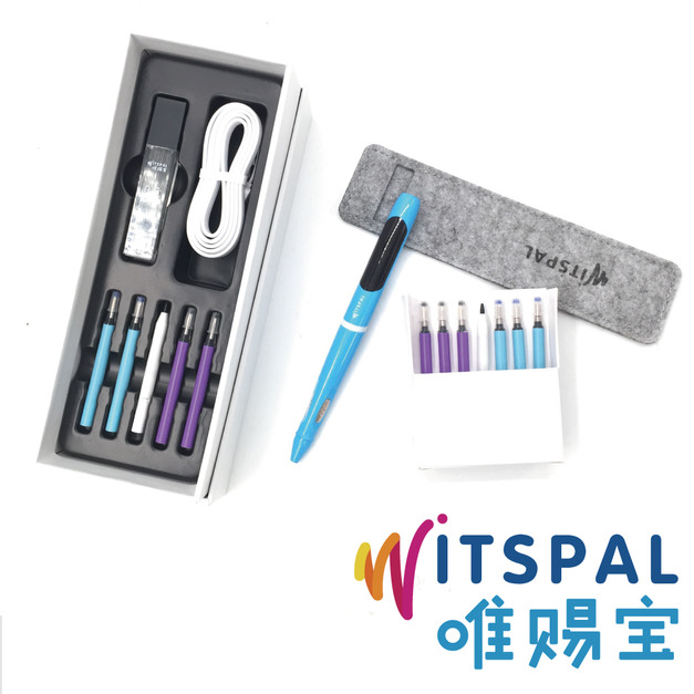 【WITSPAL】唯賜寶智能正姿筆(全方位語音版)-晴空藍+羊毛氈筆套(質感灰)+原廠筆芯組合