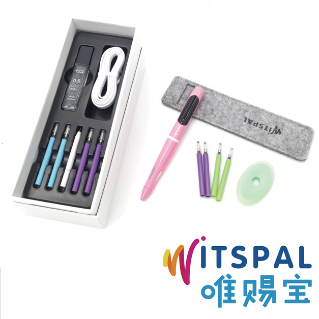 【WITSPAL】唯賜寶智能正姿筆(全方位語音版)-甜蜜粉+羊毛氈筆套(質感灰)+擦擦筆芯組合