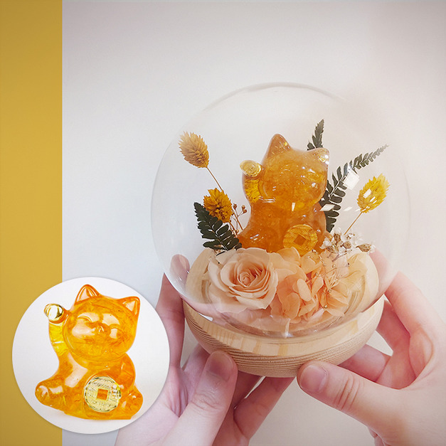 招財貓LED玻璃罩/黃水晶