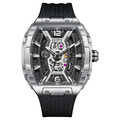 布加迪 | 幻影時速系列 黑色 銀框 小鏤空酒桶造型 氟橡膠錶帶 自動上鍊機械腕錶 46mm (BG5601-A1)