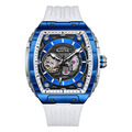 布加迪 | 幻影時速系列 白色 藍框 鏤空酒桶造型 氟橡膠錶帶 自動上鍊機械腕錶 46mm (BG5602-A4)