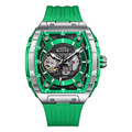 布加迪 | 幻影時速系列 綠色 銀框 鏤空酒桶造型 氟橡膠錶帶 自動上鍊機械腕錶 46mm (BG5602-A3)