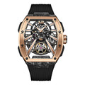 布加迪 | 馳風競速系列 黑色 玫金框 鏤空酒桶造型 氟橡膠錶帶 自動上鍊機械腕錶 42mm (BG9950-A2)