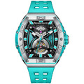 布加迪 | 無畏時速系列 藍色 銀框 鏤空酒桶造型 氟橡膠錶帶 自動上鍊機械腕錶 45mm (BG5701-A3)