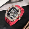 機械公爵 | 元素系列 自動上鍊 玫金色鋯石水晶錶圈 紅色氟橡膠錶帶 機械錶 (TB8208D-07)_8