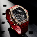 機械公爵 | 元素系列 自動上鍊 玫金色鋯石水晶錶圈 紅色氟橡膠錶帶 機械錶 (TB8209D-03)_3