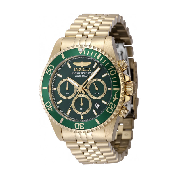 INVICTA ｜PPro Diver 三眼計時 綠面 金色不鏽鋼錶帶 石英錶(48383)